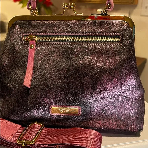 Sharif Purple Long Haired Satchel with Gold Hardware Kisslock 9.5”x7”x2.25” NWT - Picture 7 of 9